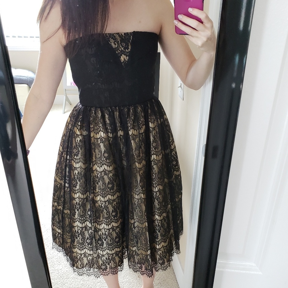 Modcloth Black and Gold Strapless Lace Cocktail Dress
